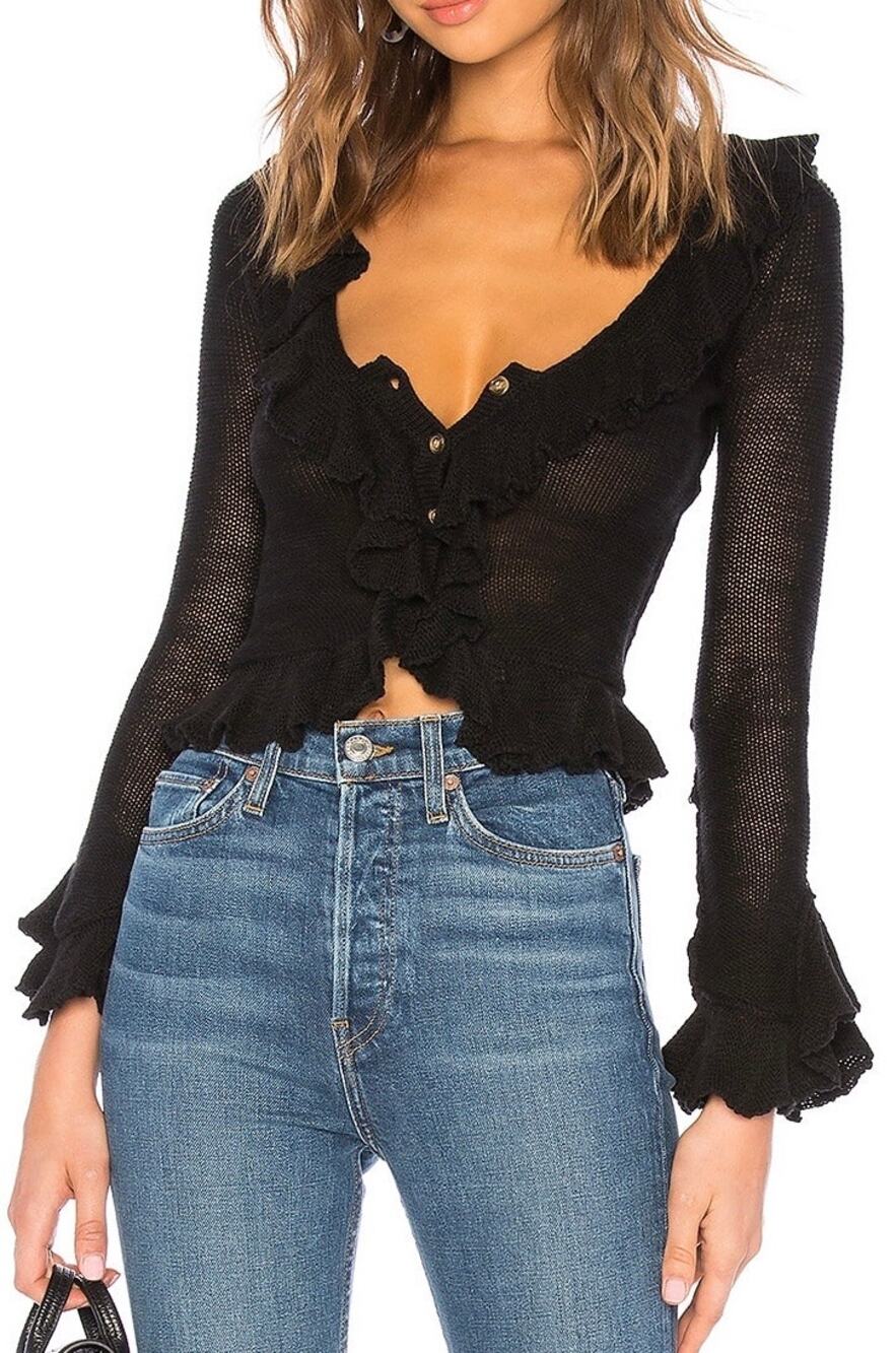 NWT LPA Black Knit Long Sleeve Ruffle Trim Cotton Silk Sweater Cardigan Size XS